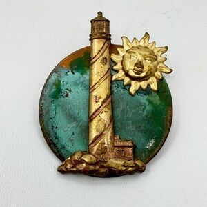Vintage Mixed Metals Pin Brooch Round Copper Patina Ocean Lighthouse Sun Moon